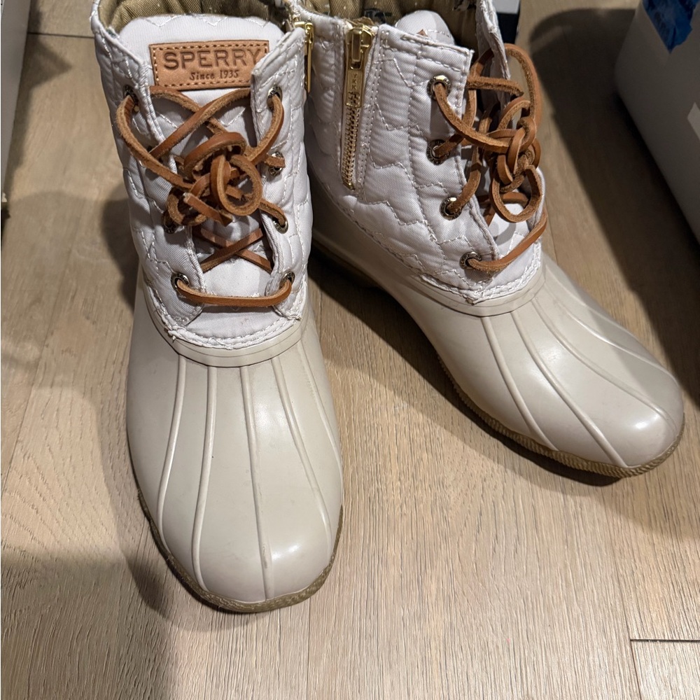 Sperry Quilted Duck Boots in Cream with Tan Laces